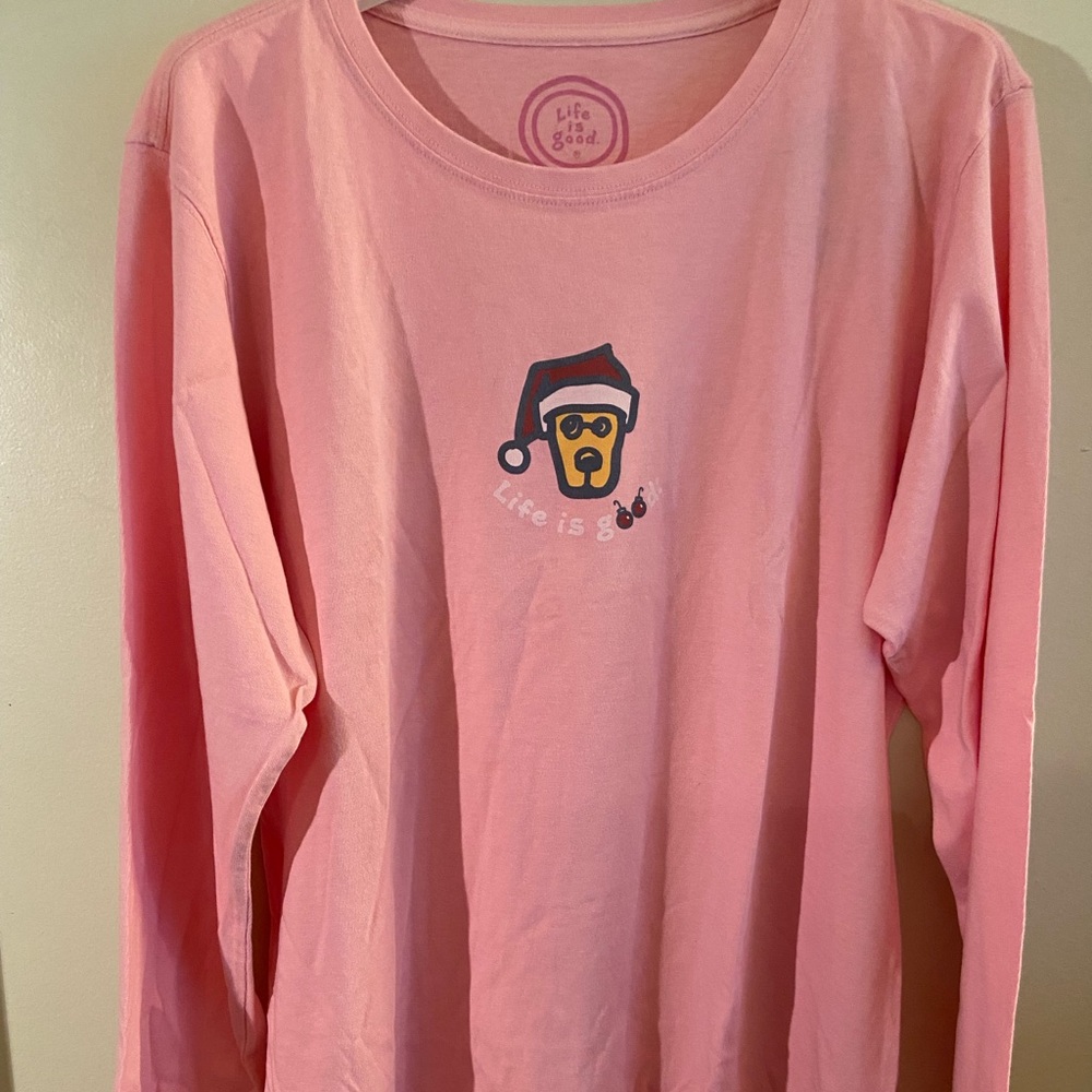 Life Is Good Pink Long-Sleeve Tee with Dog Graphic